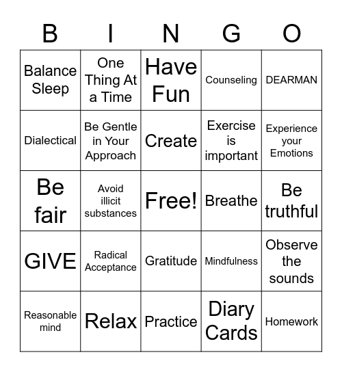 DBT   Bingo  Game Bingo Card