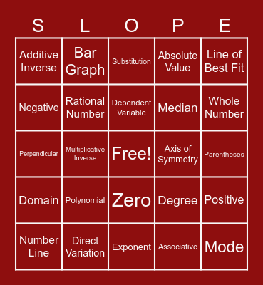 Algebra BINGO Card