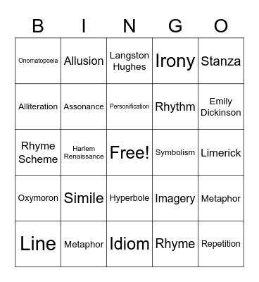 Poetic Elements Bingo Card