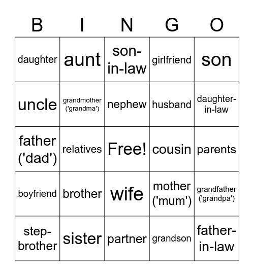 FAMILY MEMBERS Bingo Card