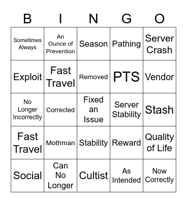 Patch Notes Bingo Card