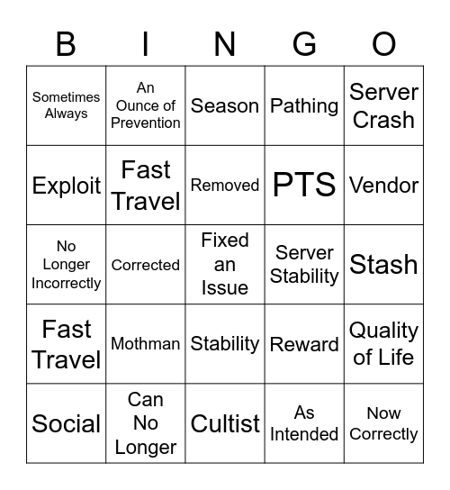 Patch Notes Bingo Card