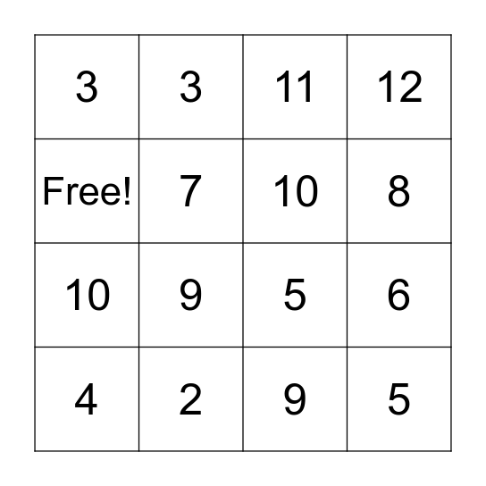 Single Digit bingo Card