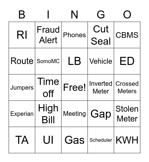 Energy Diversion Bingo Card