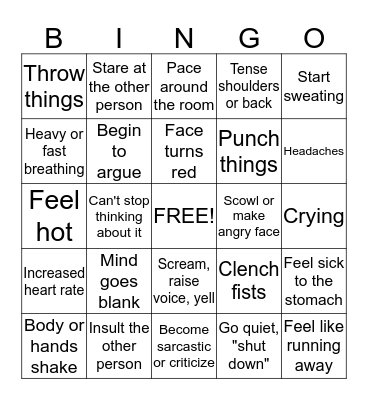 Anger Warning Signs Bingo Card