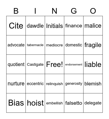 Word of the day Bingo Card