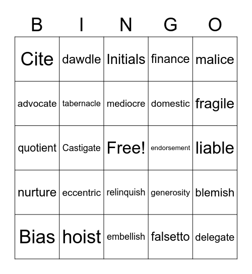 Word of the day Bingo Card