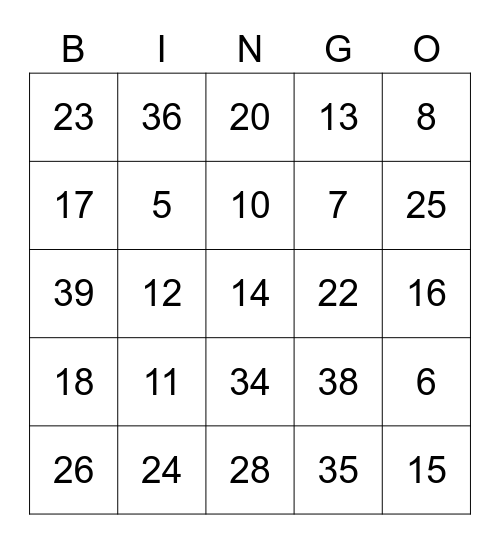 20-sided Dice Addition Bingo Card