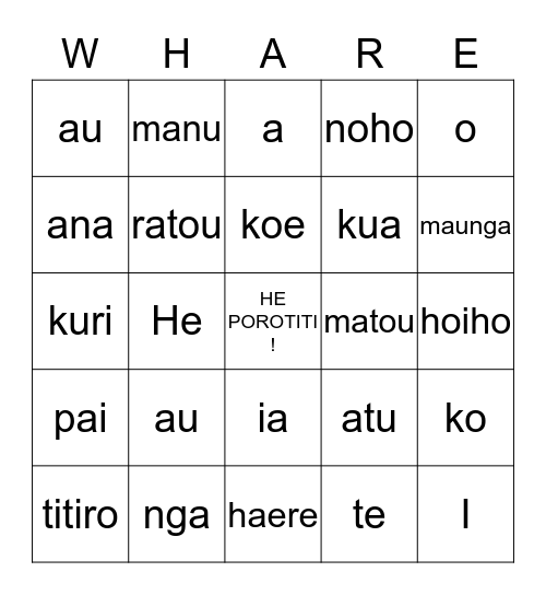 Wharewhare       NGA KUPU WAIWAI Bingo Card