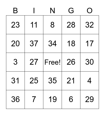 20-sided Dice Addition Bingo Card