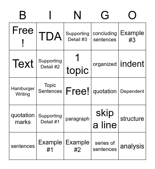 Paragraph Writing Bingo Card