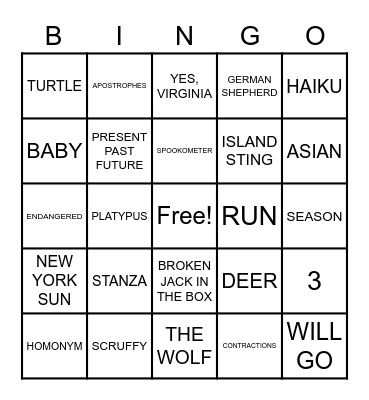 Semester 1 English Review Bingo Card