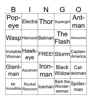 Super Hero BINGO Card