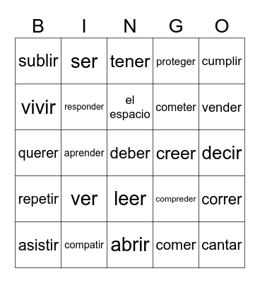 ER verbs Bingo Card