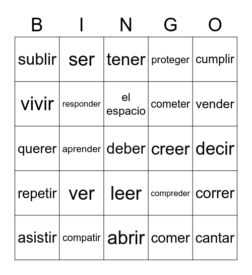 ER verbs Bingo Card