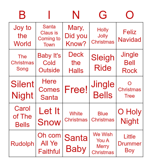 Christmas Songs Bingo Card