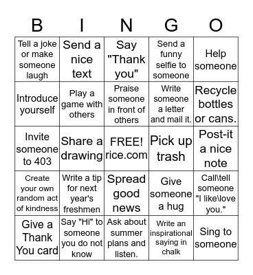 Pay it Forward Bingo Card