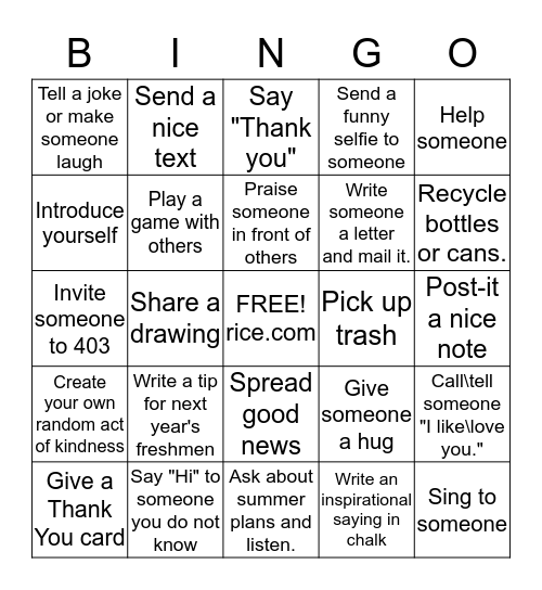 Pay it Forward Bingo Card