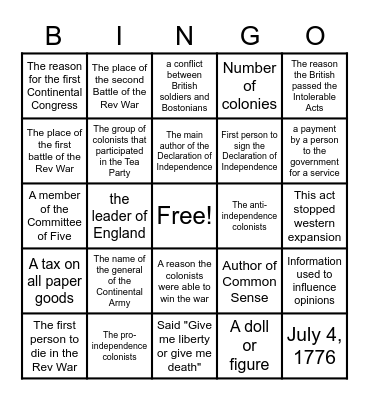 Revolutionary War Bingo Card