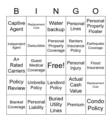 Insurance Bingo Card
