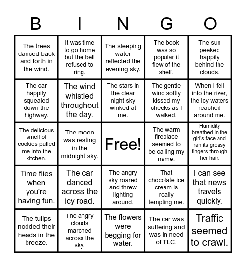 Personification Bingo Card