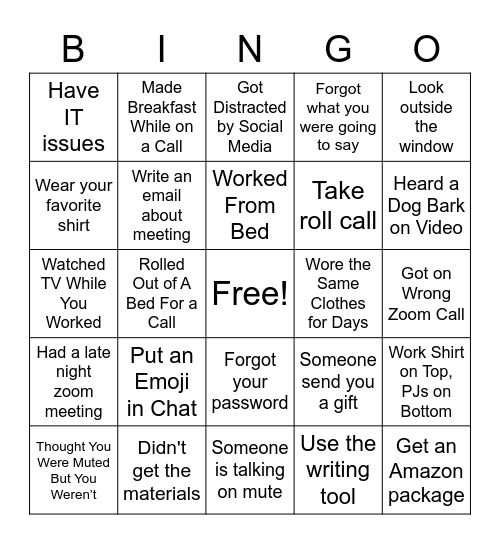 Zoom / Office BINGO GAME Bingo Card