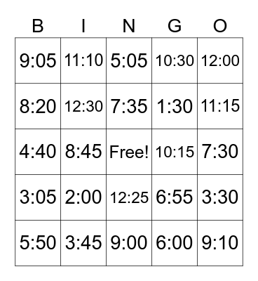 Telling Time Bingo Card
