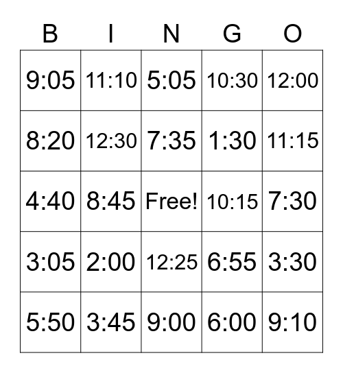 Telling Time Bingo Card