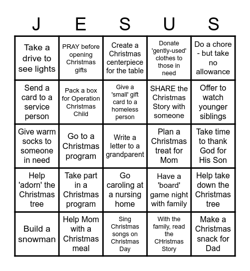 "Spread Jesus THis Season" Bingo Card