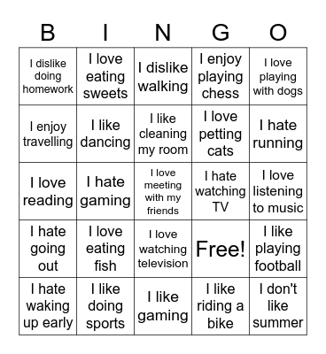 Likes and dislikes Bingo Card