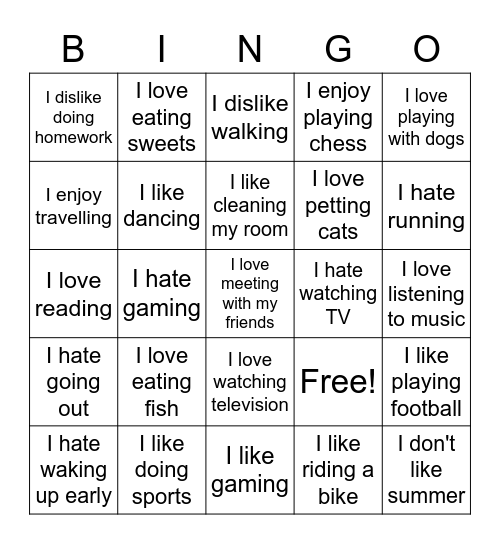 Likes and dislikes Bingo Card