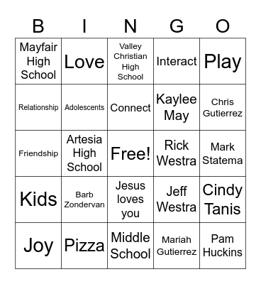 Young Life Christmas Bingo Card