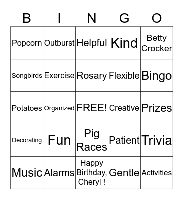 Cheryl's Birthday Bingo Card
