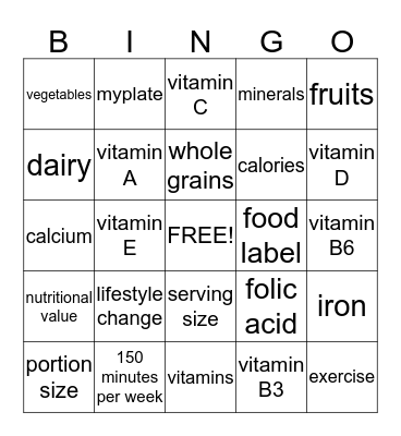 Nutrition and Exercise Bingo Card