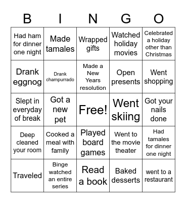 Winter Break Bingo! Bingo Card