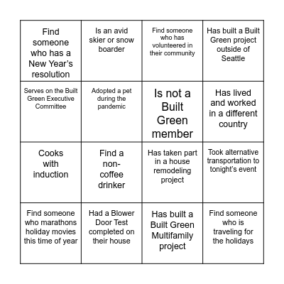 Built Green Holiday Party Bingo Card