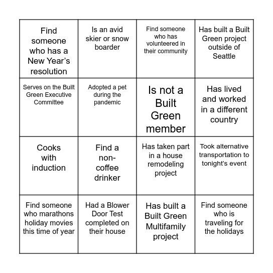 Built Green Holiday Party Bingo Card