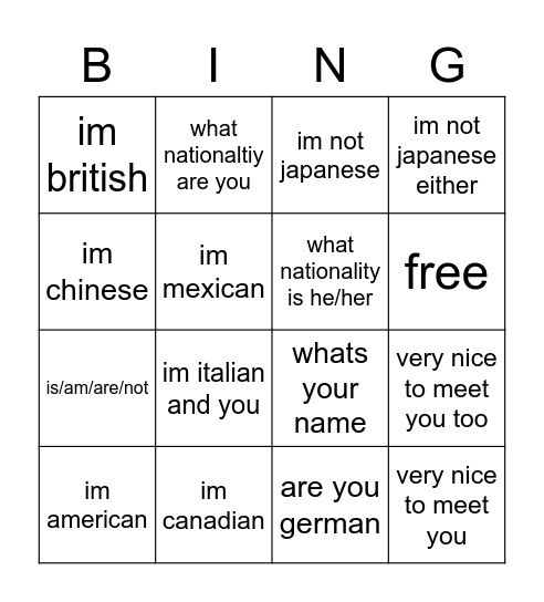 chinese bing Bingo Card