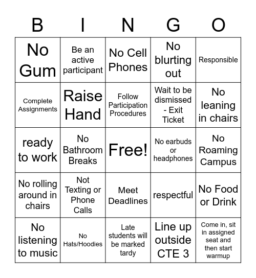 Classroom Expectation / Rules Bingo Card