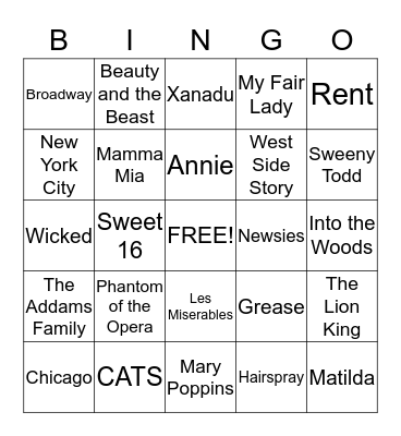 Rylee's Sweet 16 Bingo Card