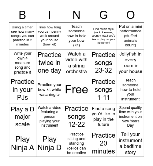 Strings Bingo over Break Bingo Card