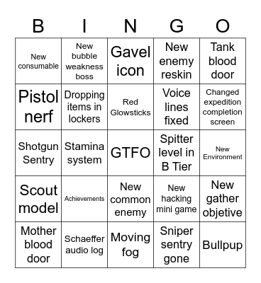 GTFO Full Release Bingo Card