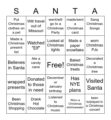 Christmas Break SANTA Bingo Card