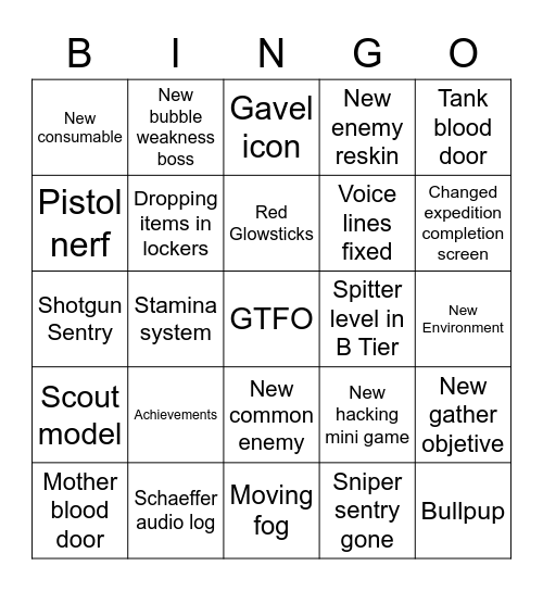 GTFO Full Release Bingo Card