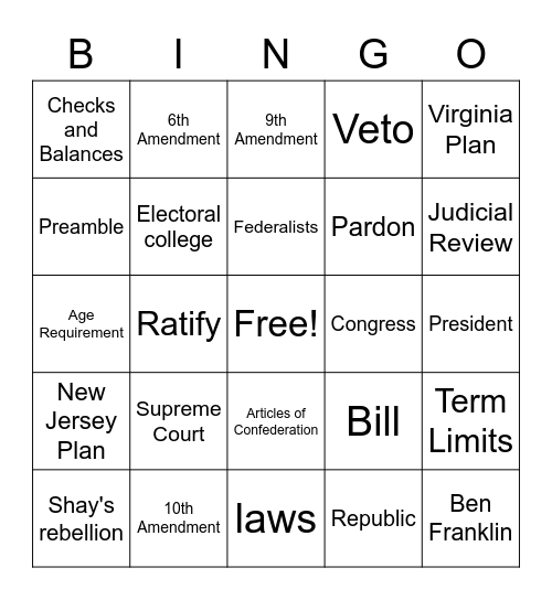 Unit 3- The Constitution and Bill of Rights Bingo Card