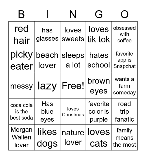 All About Me Bingo Card