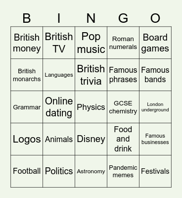 Choose your categories Bingo Card