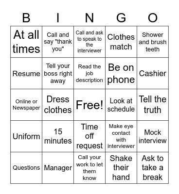 Job Skills Bingo Card