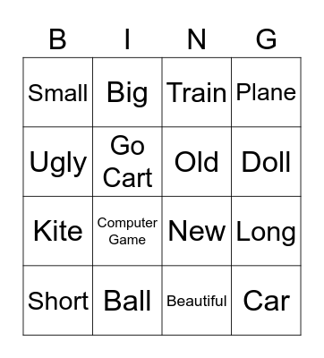 Toys Opposites Bingo Card