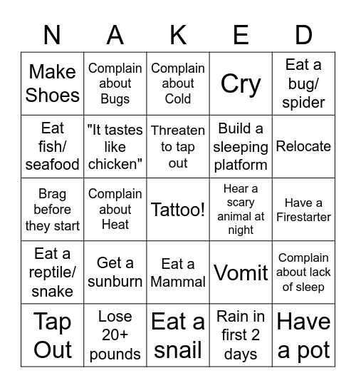 Naked and Afraid Bingo Card